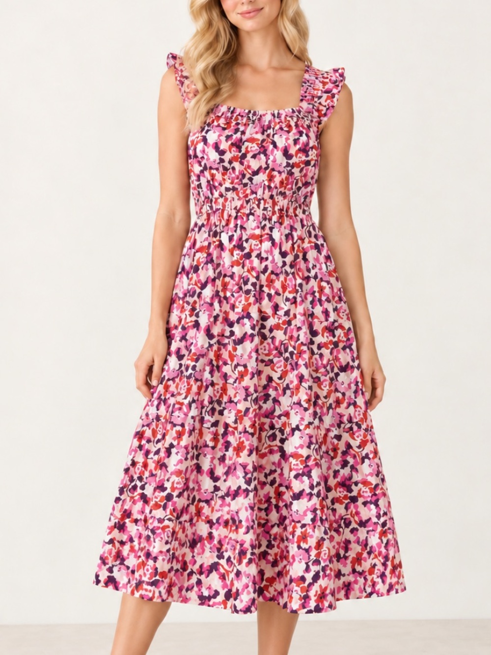 Peter Som Collective Pink Floral Ruffle Strap Midi Dress Size 6 57115